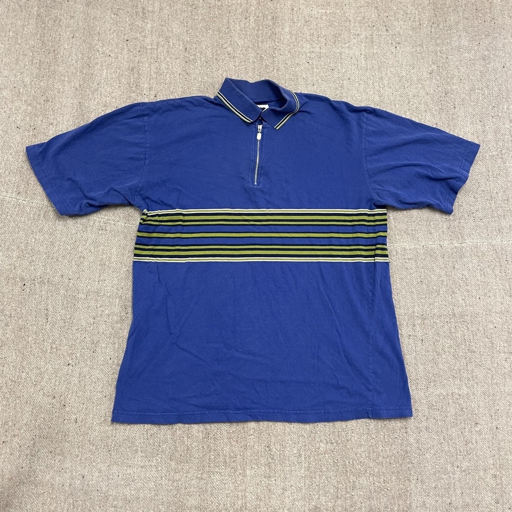 Vintage Striped 1/4 Zip Polo Shirt Men XL Blue 2000s Wooden Dog